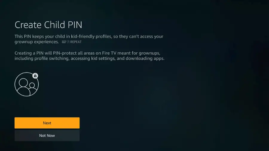 Screen showing the 'Create Child PIN' option on Fire Stick, explaining the PIN prevents kids from accessing adult content and profiles.

