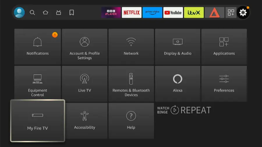 Firestick user interface, with a variety of settings options such as Notifications, Account & Profile Settings, Network, and Equipment Control. The bottom row highlights 'My Fire TV' and 'Accessibility' settings.