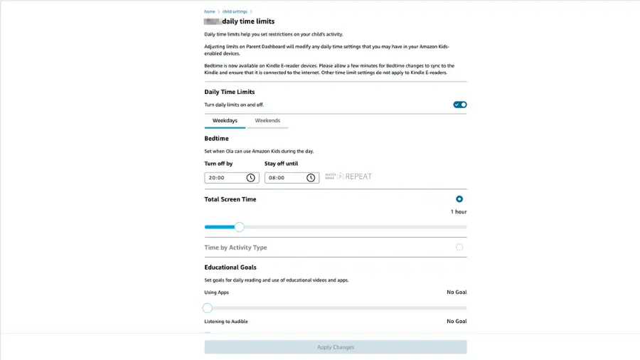 Screen displaying adjustable daily time limits settings for a child's profile on Fire Stick, including bedtime and total screen time.