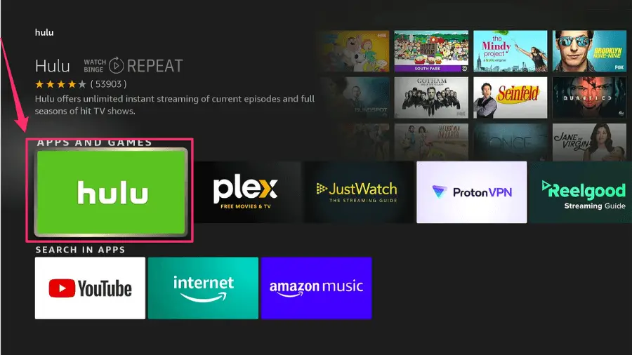 The Hulu app is highlighted on a streaming device interface among other apps, with a red arrow pointing towards it and a green square surrounding it.

