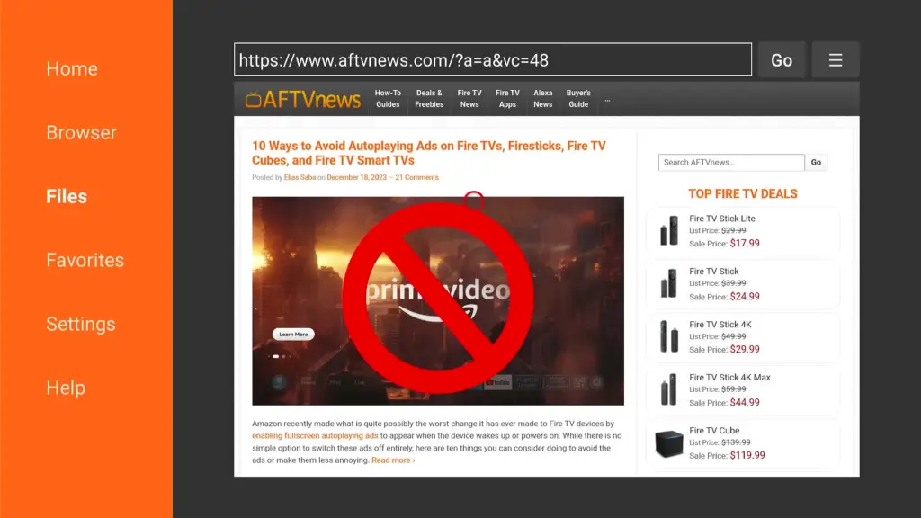 A web page open in the Downloader application for Fire TV devices, showing an article about avoiding autoplaying ads on the device.