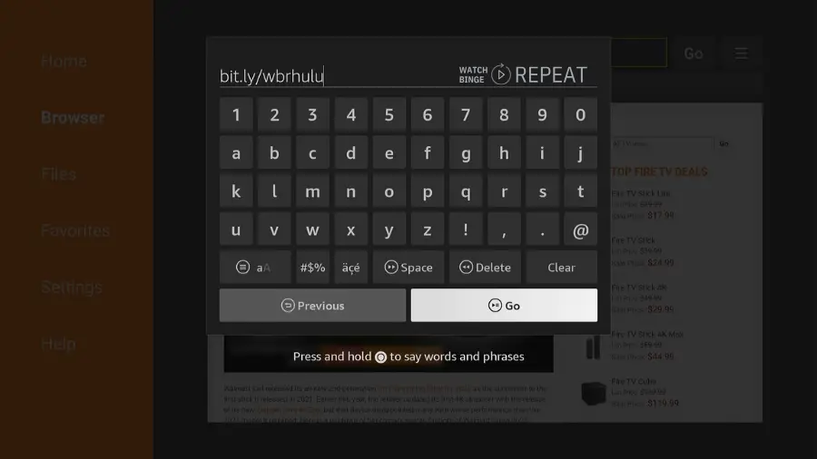 An on-screen keyboard in Downloader app with a web address entered, "bit.ly/wbrhulu," and the 'Go' button highlighted.