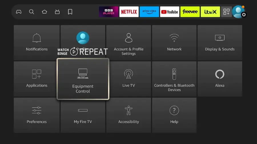 Fire Stick home screen displaying various app icons with 'Equipment Control' highlighted.