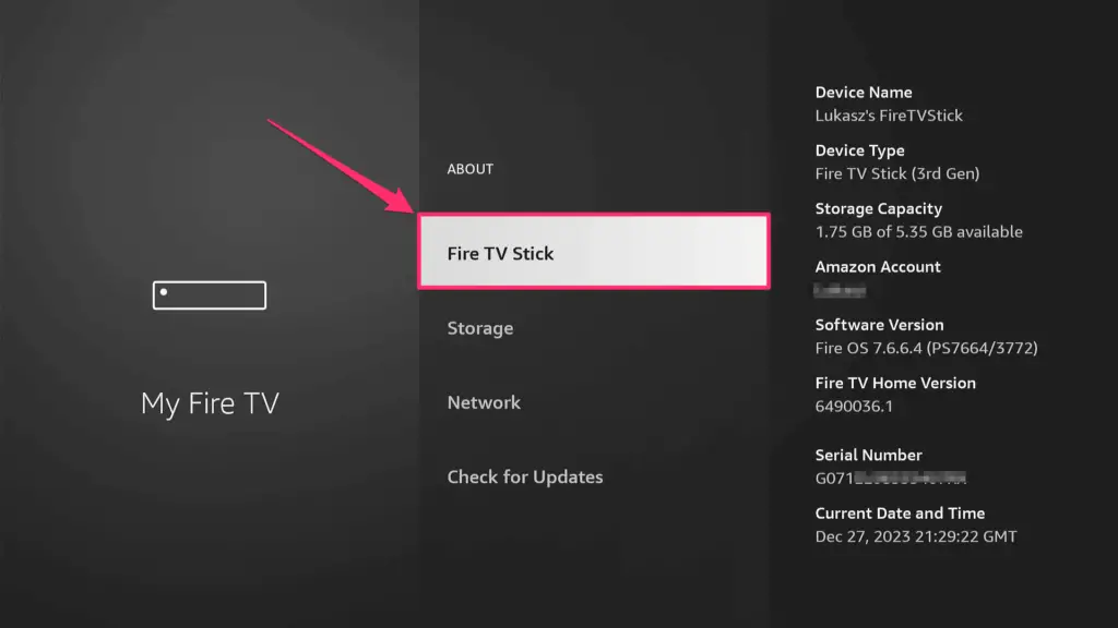 An image of the 'About' screen on a Fire TV Stick displaying device information such as the device type 'Fire TV Stick (3rd Gen)' and the serial number, with the serial number section highlighted."
