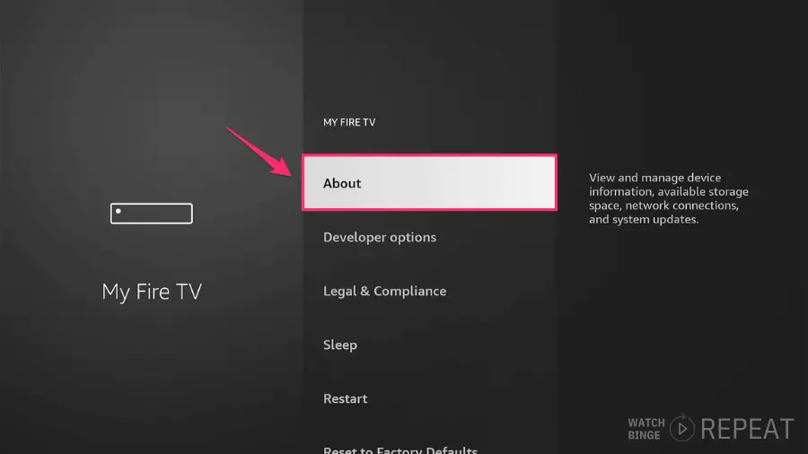 My Fire TV menu with an arrow highlighting 'About' where users can view and manage device information and updates.