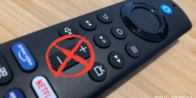Fire Stick remote with volume button crossed out indicating it's non-functional."