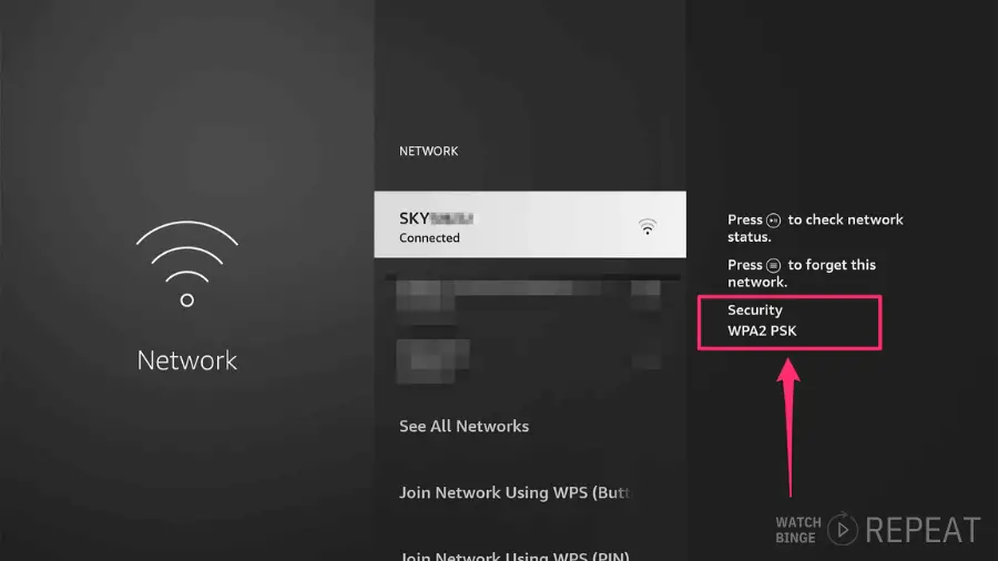 Network settings detailing Wi-Fi connection with an arrow pointing to the security type 'WPA2 PSK'.