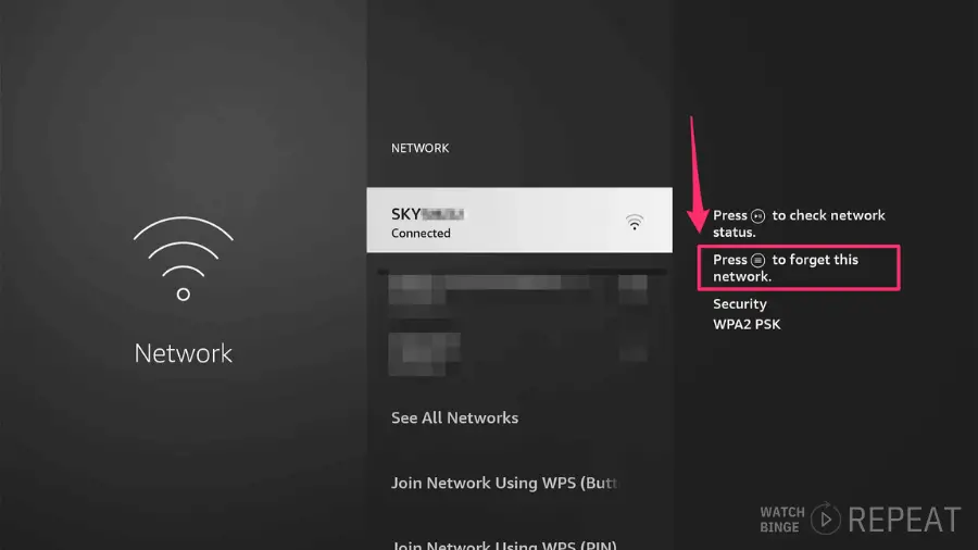Network settings showing a connected Wi-Fi network with an arrow pointing to an option to check network status and another to forget the network.