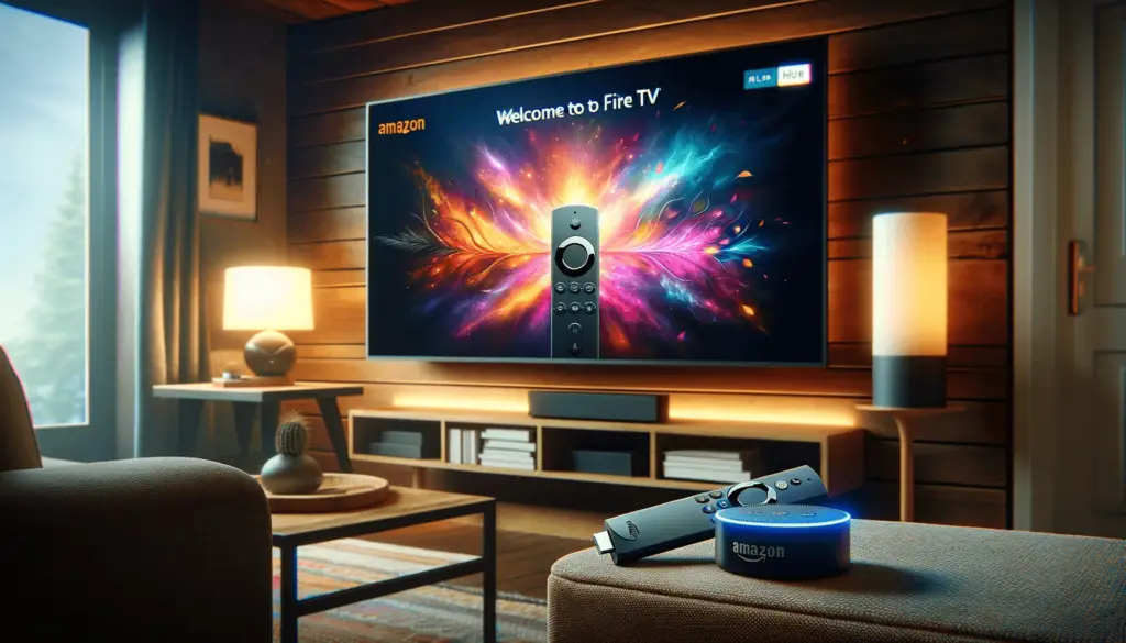 A cozy living room with a large TV displaying a 'Welcome to Fire TV' screen, an Amazon Fire TV Stick connected to the TV, an Echo Dot on a side table, and an Alexa Voice Remote on a coffee table, all under warm ambient lighting.