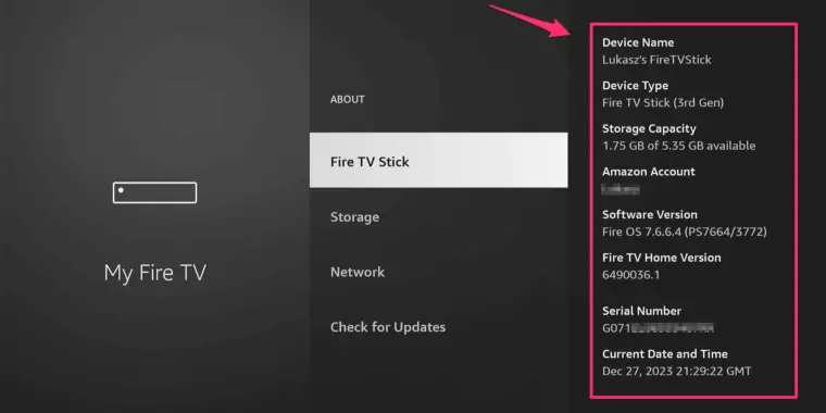 The 'About' screen of a Fire TV Stick interface showing the device's name 'Lukasz's FireTVStick' and other details like storage capacity and software version, with a focus on the 'Device Name'.