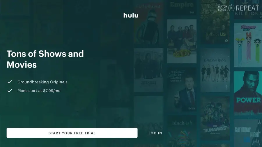 Hulu's main page with an overlay inviting users to "Start Your Free Trial" or "Log In," and a background of various show thumbnails.