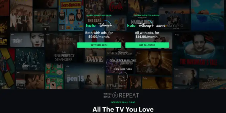 Screenshot of Hulu homepage