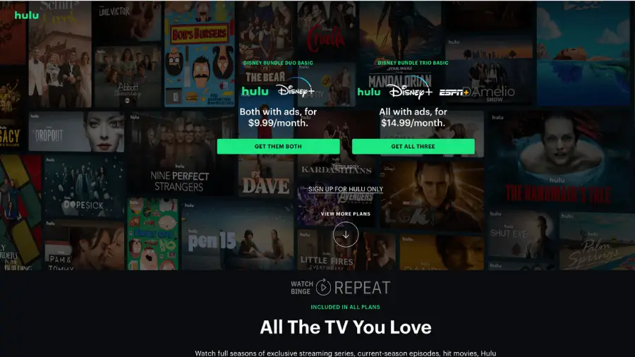 Screenshot of Hulu homepage