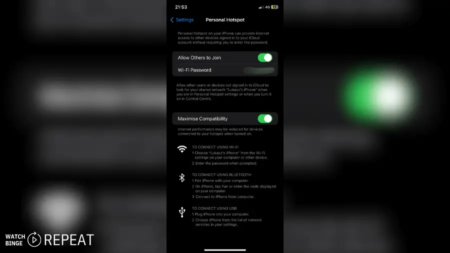 A smartphone settings screen for a personal hotspot, displaying instructions and toggles for various options.