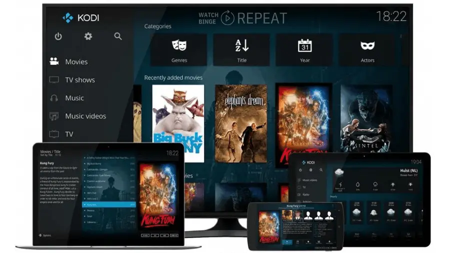 A variety of media device interfaces showing Kodi, including a home screen, movie selection, and settings.