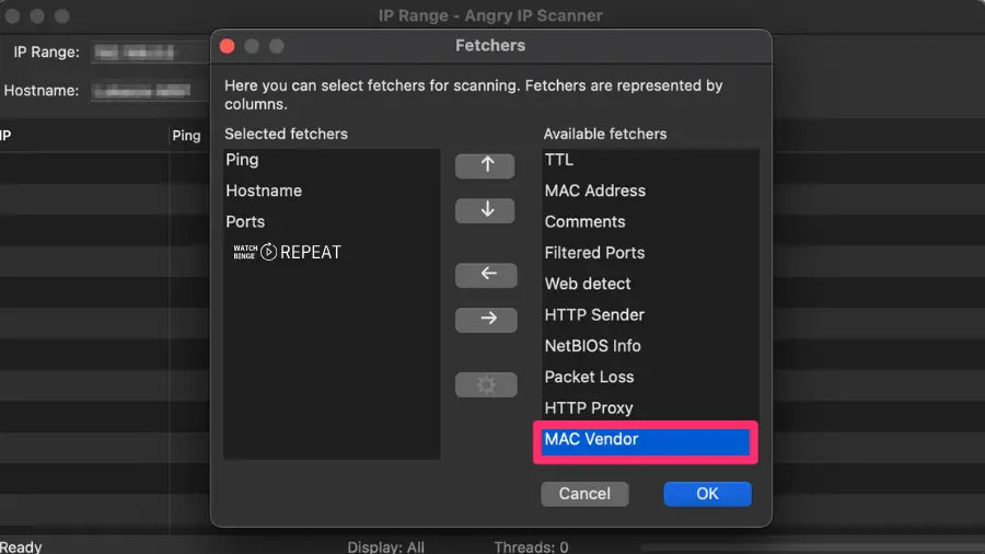 Angry IP application's settings window with 'MAC Vendor' highlighted, showing the option to select various network scanning features.