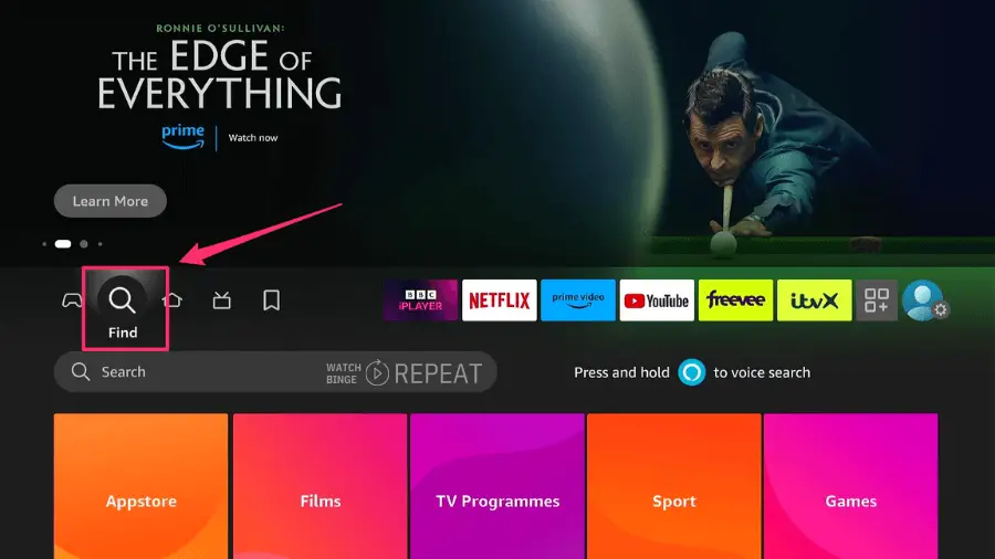 A user interface for a Firestick with a focus on the search function, highlighted by a red square and an arrow pointing towards it.