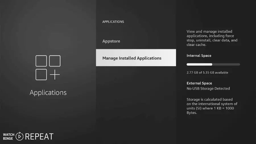 A Firestick interface for app management, showing available internal storage space.