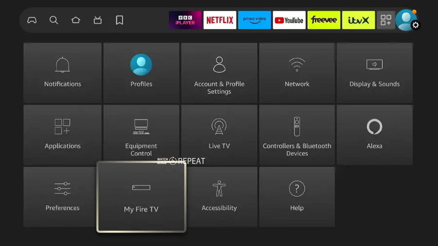 Amazon Fire TV settings screen showing various options such as Notifications, Profiles, Network, with 'My Fire TV' highlighted indicating where to select for more options.