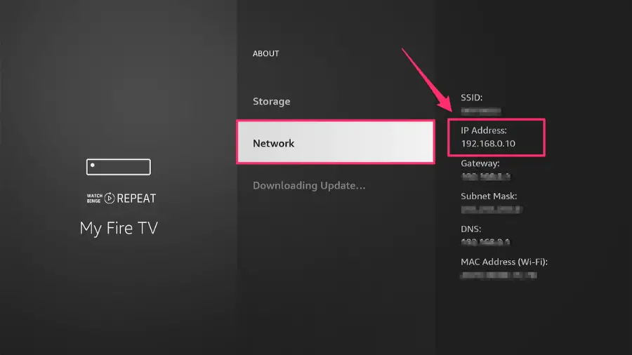 nside the 'About' section of Fire TV settings, highlighting the 'Network' option where details like IP address and SSID are displayed.