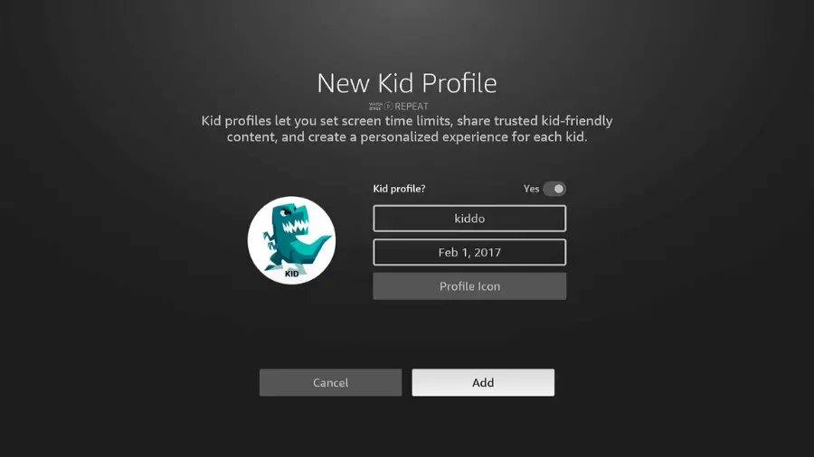 The 'New Kid Profile' setup screen on Fire Stick with fields for profile name and birthdate, and a selection for a Dinosaur icon.