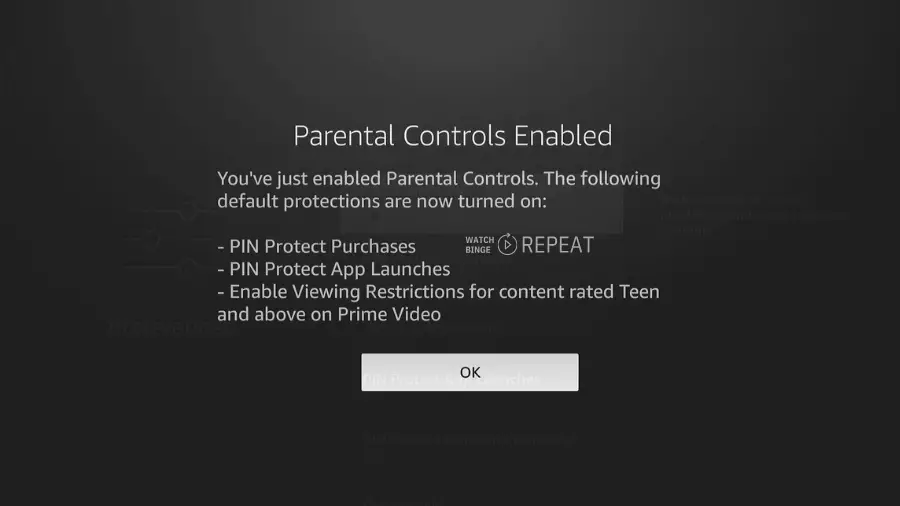 An on-screen alert notifying that Firestick Parental Controls are enabled with a list of protections turned on.