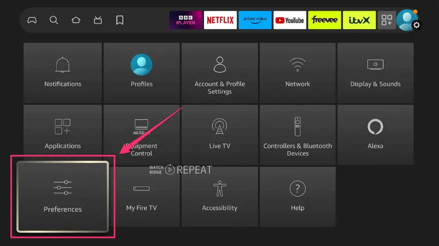 A settings menu on a Firestick interface highlighting 'Preferences' with a pink arrow.