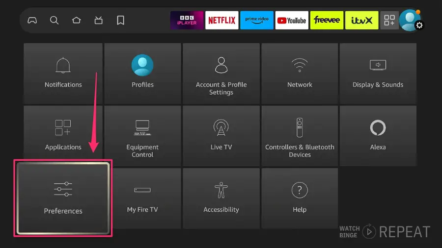 Settings menu of a Fire TV interface with a grid of options, an arrow pointing to the 'Preferences' icon, and other options like Notifications, Profiles, and Network settings.