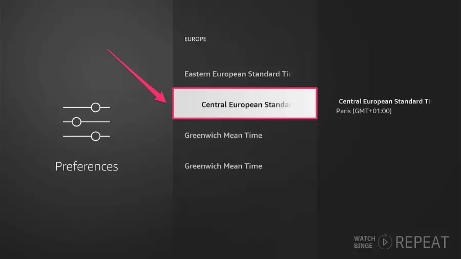 Europe Time Zone settings with 'Central European Standard Time' highlighted and other time zones like Eastern European Standard Time listed.