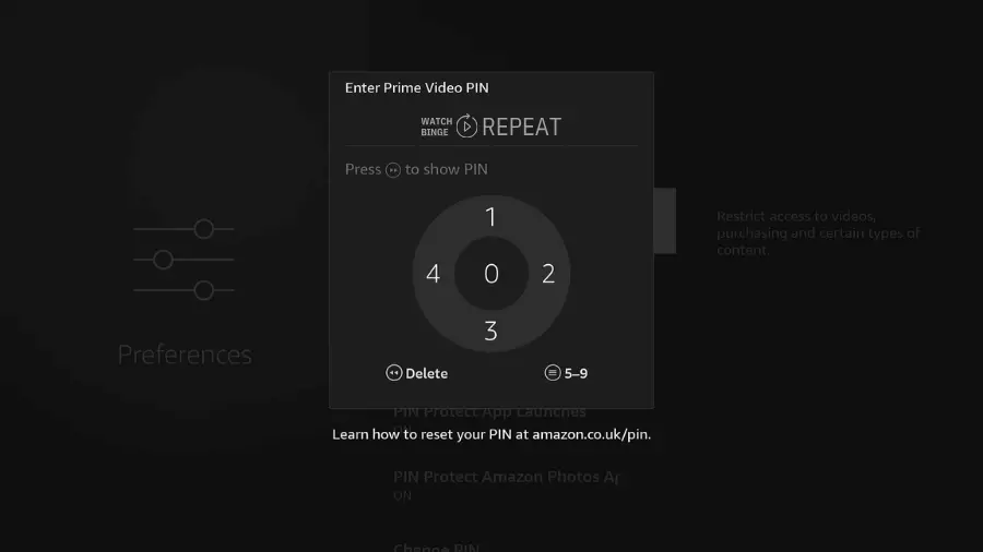  A screen showing a PIN entry wheel for Prime Video with an option to show the PIN.