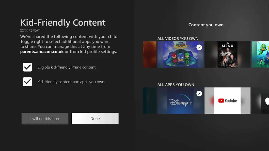 Fire Stick's 'Kid-Friendly Content' menu, where you can select eligible Prime content and tag owned content as kid-friendly.

