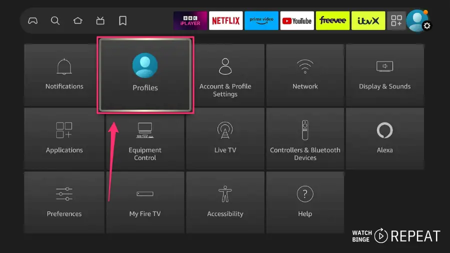 Settings menu on a Fire TV device, with 'Profiles' selected, highlighted by a red box and an arrow pointing to it.