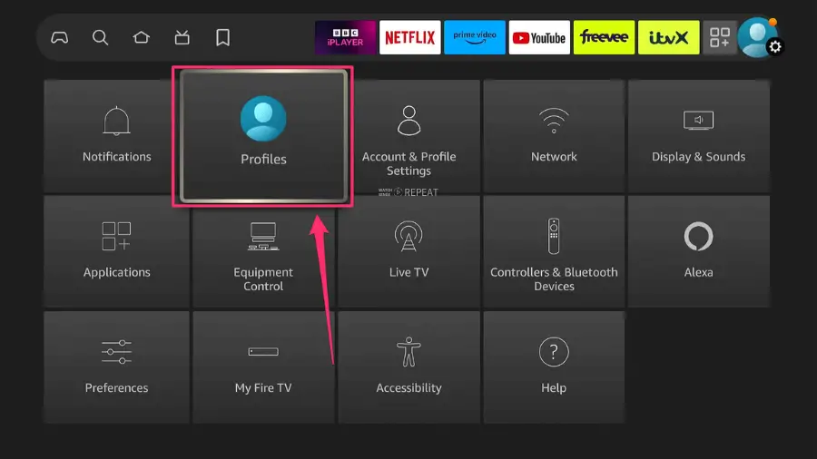 Close-up of the Amazon Fire Stick interface highlighting the 'Profiles' icon in the center of the screen.