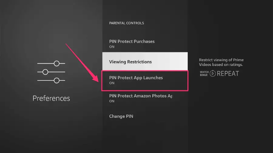 Preferences menu with 'PIN Protect App Launches' highlighted indicating it is turned on.