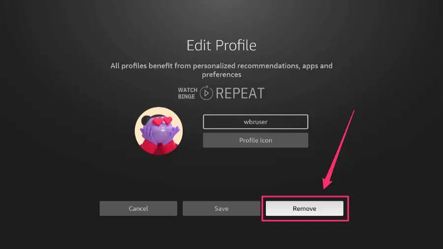 Profile editing screen on Fire TV with 'wbruser' selected and an arrow pointing to the 'Remove' button.