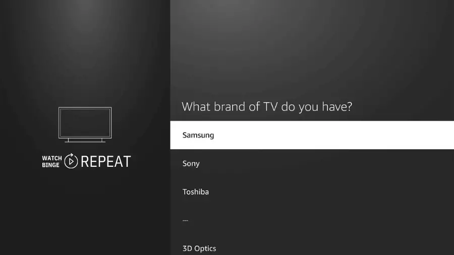 Selection screen on Fire Stick for choosing a TV brand with options like Samsung, Sony, and Toshiba displayed.