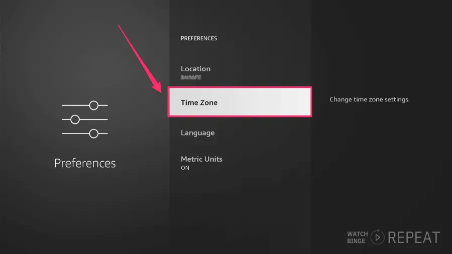 Preferences menu with 'Time Zone' highlighted and an arrow indicating to select it among other settings like Location, Language, and Metric Units.