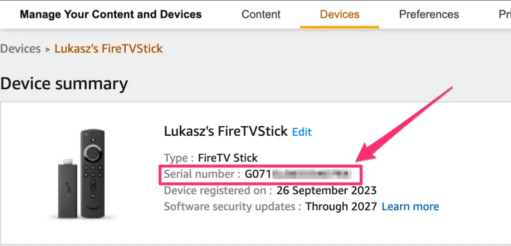 A screenshot from the Amazon 'Manage Your Content and Devices' page showing a Fire TV Stick named 'Lukasz's FireTVStick' with the serial number field highlighted.