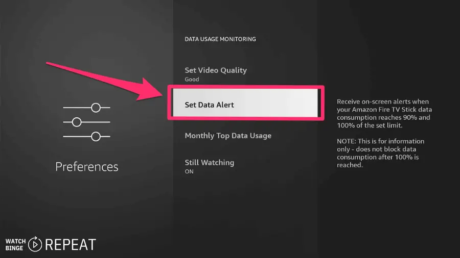 A preferences menu with a pink box highlighting "Set Data Alert" with a slider next to it, and a side note explaining on-screen alerts for data usage on an Amazon Fire TV Stick.