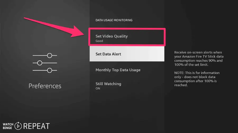 A preferences menu with a pink box highlighting "Set Video Quality" with a drop-down option set to "Good" for an Amazon Fire TV Stick.