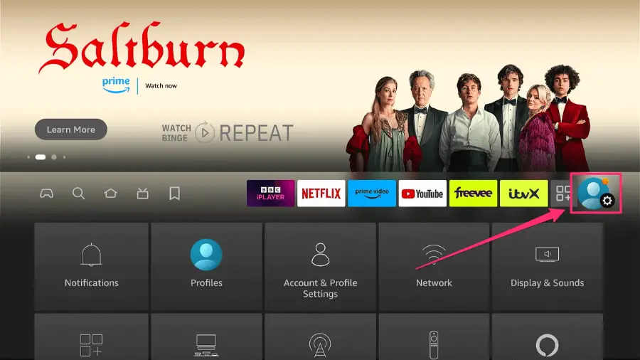 Firestick interface with various streaming service icons, a 'Saliburn' banner at the top, and an arrow pointing to the 'Preferences' icon in the settings menu.