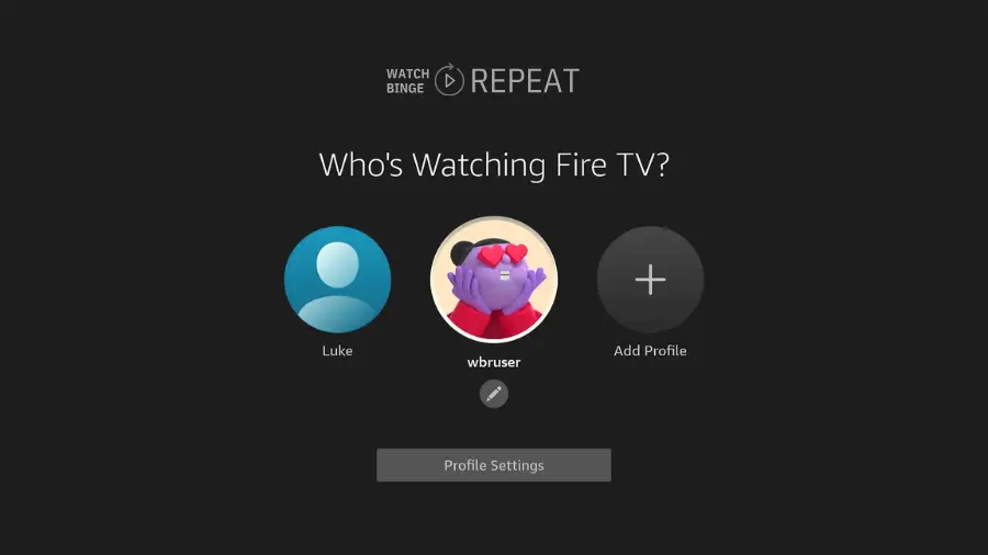 Fire TV profile selection screen showing two profiles: Luke and wbruser, with 'Profile Settings' option below.