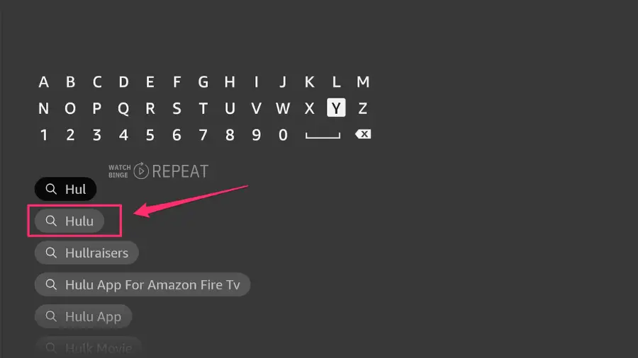 lose-up of an on-screen keyboard with the word "Hulu" partially typed in and highlighted, with a red arrow pointing towards the suggestion "Hulu."