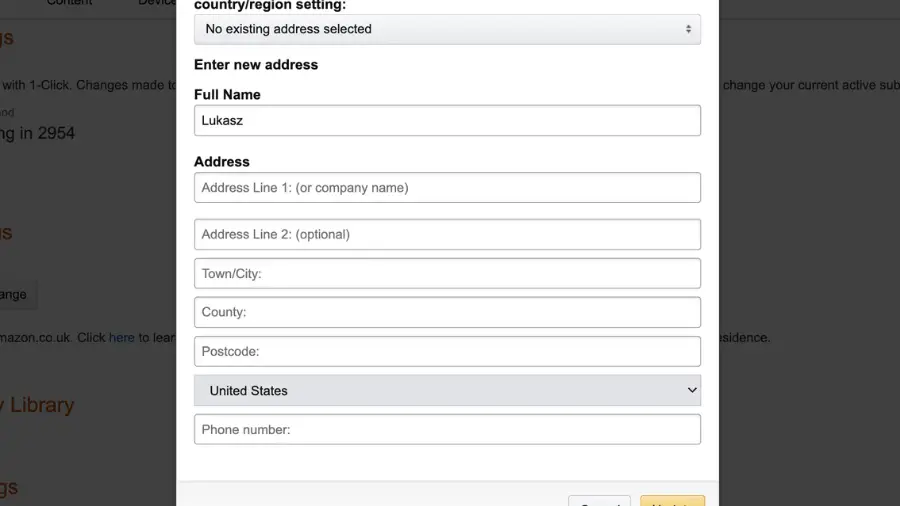 Amazon account page with an option to 'Enter new address' for country/region settings, with fields for name, address, and phone number.