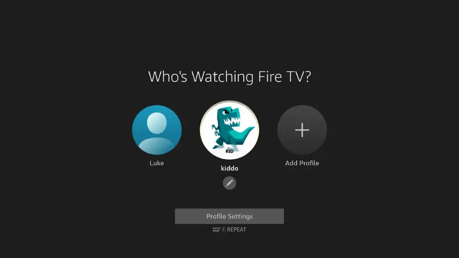 Profile switch screen on Fire Stick displaying the newly created 'kiddo' profile with a Dinosaur icon alongside other profiles.

